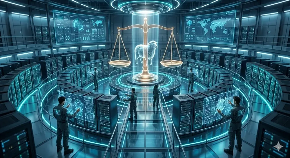 企業の変革を支えるテクニカルDXのインフラ構造。巨大なデータセンターとニューラルネットワークを模したシステムアーキテクチャによる、効率性の極致の具現化。